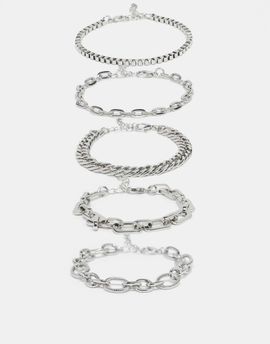 ASOS DESIGN ASOS DESIGN pack of 5 mixed chain stacking bracelets in silver tone