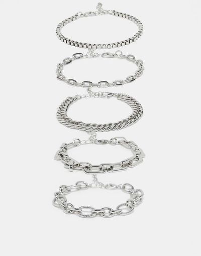 ASOS DESIGN ASOS DESIGN pack of 5 mixed chain stacking bracelets in silver tone