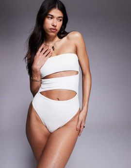 ASOS DESIGN ASOS DESIGN paneled bandeau swimsuit with cut outs in cream-Neutral