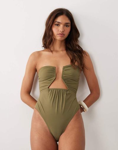 ASOS DESIGN ASOS DESIGN paper touch asymmetric cut out swimsuit in khaki green
