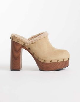 ASOS DESIGN ASOS DESIGN Penny high heeled clog mules in sand suedette-NEUTRAL