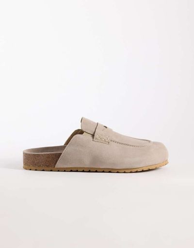 ASOS DESIGN ASOS DESIGN penny loafer mules in stone suede-Neutral