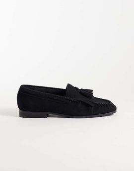 ASOS DESIGN ASOS DESIGN penny loafers with fringing and ruched apron in black suede mix
