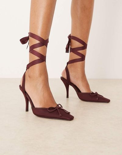 ASOS DESIGN ASOS DESIGN Peony tie leg detail high heel shoes in plum satin-Purple