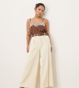 ASOS DESIGN ASOS DESIGN Petite tailored ankle grazer pants with PU belt in cream-No color