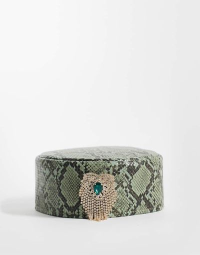 ASOS DESIGN ASOS DESIGN pillbox hat in green snake print with brooch detail
