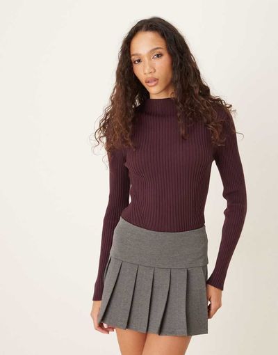 ASOS DESIGN ASOS DESIGN placement rib knit high neck top in plum-Purple