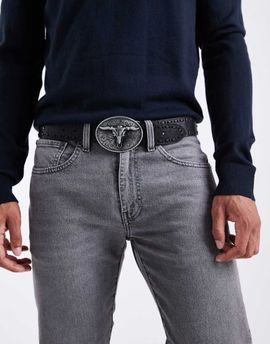 ASOS DESIGN ASOS DESIGN plate buckle belt with whipstitch and stud detail in black faux leather