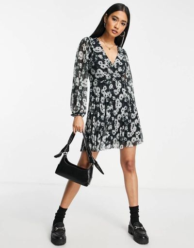ASOS DESIGN ASOS DESIGN pleated mini wrap dress in monochrome floral-Multi