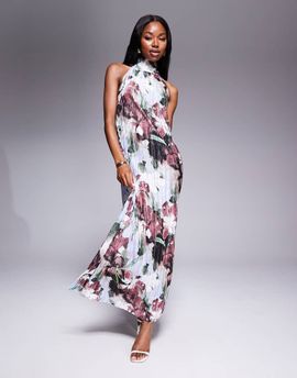 ASOS DESIGN ASOS DESIGN plisse halter tie maxi dress in dark floral-Multi