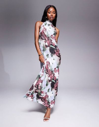 ASOS DESIGN ASOS DESIGN plisse halter tie maxi dress in dark floral-Multi