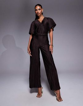 ASOS DESIGN ASOS DESIGN plisse plunge short sleeve wrap waist jumpsuit in chocolate-Brown