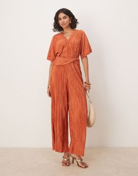 ASOS DESIGN ASOS DESIGN plisse plunge short sleeve wrap waist jumpsuit in rust-Orange