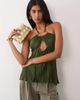 ASOS DESIGN ASOS DESIGN plisse ring halter neck bandeau detail top in khaki-Green - 1