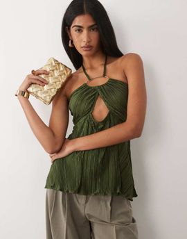 ASOS DESIGN ASOS DESIGN plisse ring halter neck bandeau detail top in khaki-Green