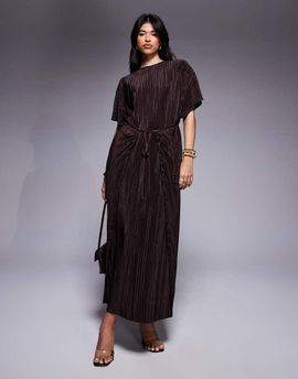 ASOS DESIGN ASOS DESIGN plisse short sleeve wrap tie maxi dress in chocolate-Brown