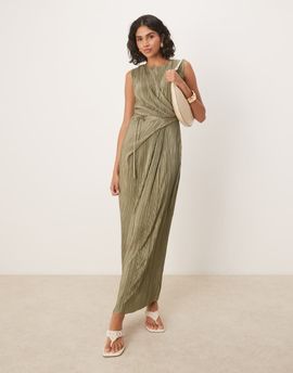 ASOS DESIGN ASOS DESIGN plisse sleeveless wrap tie front maxi dress in khaki green