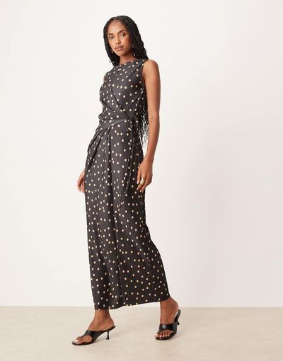 ASOS DESIGN ASOS DESIGN plisse sleeveless wrap tie front maxi dress in polka dots-Multi