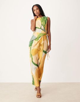 ASOS DESIGN ASOS DESIGN plisse sleeveless wrap tie side maxi dress in painted green floral-Multi