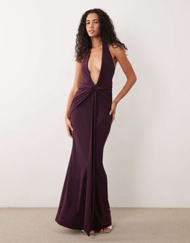 ASOS DESIGN ASOS DESIGN plunge halter neck ruched maxi dress in blackcurrant-PURPLE