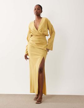 ASOS DESIGN ASOS DESIGN plunge maxi dress with wide cuffs and side split in burnished gold-Multi