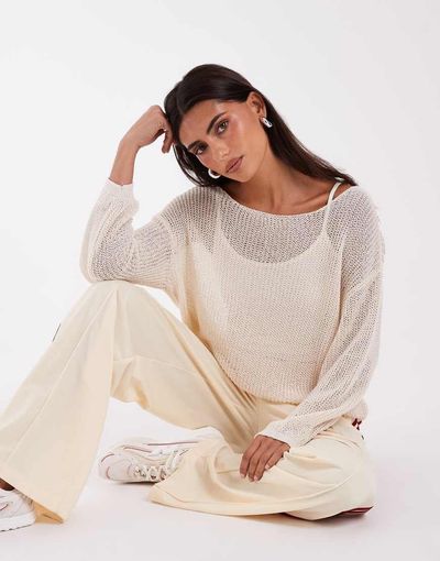 ASOS DESIGN ASOS DESIGN pointelle relaxed fit sweater in ecru-Blue