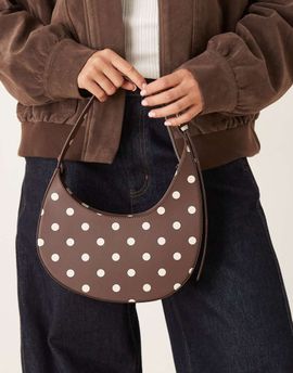 ASOS DESIGN ASOS DESIGN polka dot asymmetric scoop shoulder bag with buckle detail in chocolate-Brown