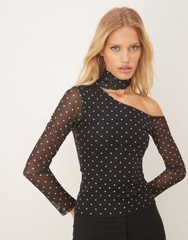 ASOS DESIGN ASOS DESIGN polka dot mesh long sleeve asymmetric top with scarf detail in black