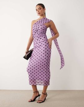 ASOS DESIGN ASOS DESIGN polka dot print bandeau maxi dress with scarf detail in lilac-Purple