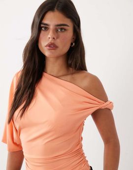 ASOS DESIGN ASOS DESIGN polyamide asymmetrical floaty sleeve top in peachy pink-Orange