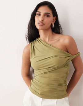 ASOS DESIGN ASOS DESIGN polyamide ruched twist side cut away draped top in khaki green