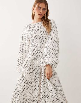 ASOS DESIGN ASOS DESIGN poplin maxi dress with asymmetric waist and volume sleeves in chocolate polka dots-Multi