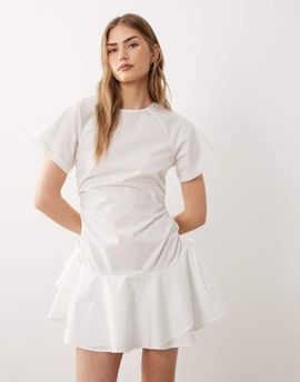 ASOS DESIGN ASOS DESIGN poplin short sleeve mini dress with ruched tie waist detail in white
