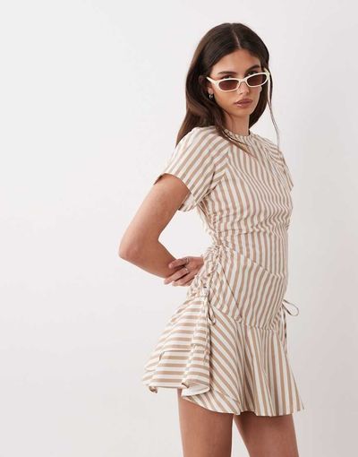 ASOS DESIGN ASOS DESIGN poplin short sleeve mini dress with ruching tie waist detail in tan stripe-Multi