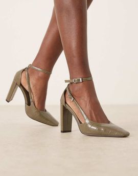 ASOS DESIGN ASOS DESIGN Posie high block heel shoes in olive croc-Green