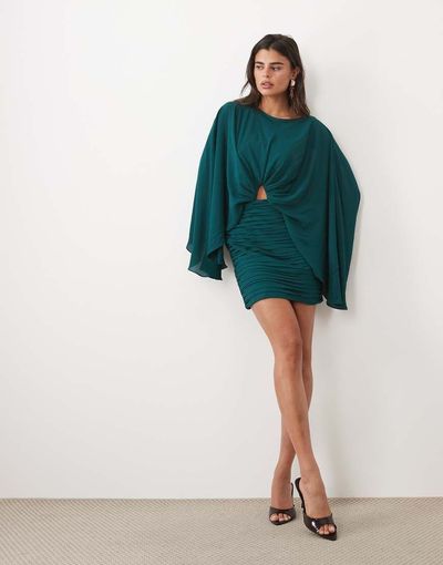ASOS DESIGN ASOS DESIGN premium batwing mini dress with ruched skirt in teal-Navy