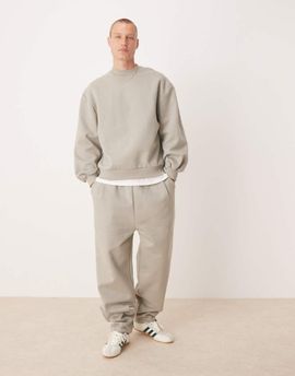 ASOS DESIGN ASOS DESIGN premium heavyweight wide leg sweatpants with pinched hem and pleats in beige-Neutral