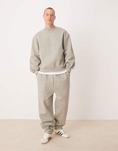 ASOS DESIGN ASOS DESIGN premium heavyweight wide leg sweatpants with pinched hem and pleats in beige-Neutral