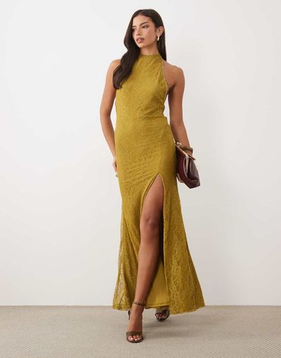 ASOS DESIGN ASOS DESIGN premium lace open back maxi dress with split in olive-Green