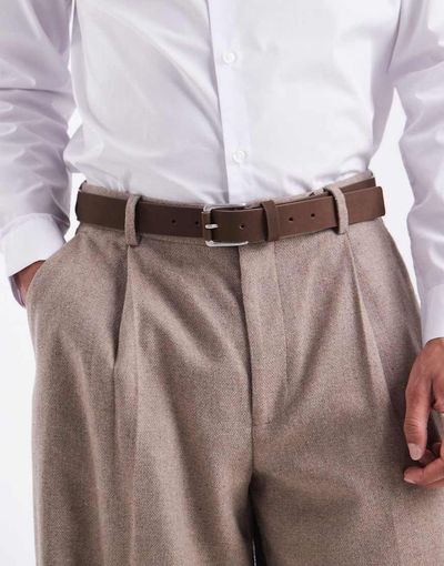 ASOS DESIGN ASOS DESIGN premium nubuck smart belt with wrapped end silver buckle in brown-Neutral