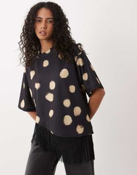 ASOS DESIGN ASOS DESIGN premium oversized asymmetric t-shirt with fringe detailing in polka-dot print-Multi