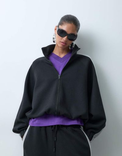 ASOS DESIGN ASOS DESIGN premium sporty track zip through funnel neck sweat in black & gray scuba-style fabric