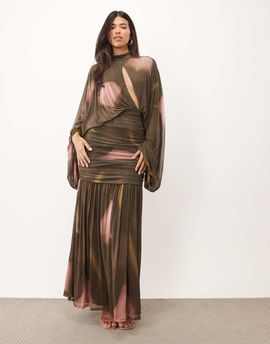 ASOS DESIGN ASOS DESIGN printed floral mesh blouson maxi dress with cut out in brown