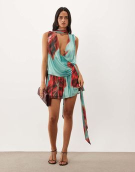 ASOS DESIGN ASOS DESIGN printed floral mesh cowl mini dress with drape sash and scarf detail in blue