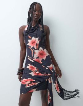 ASOS DESIGN ASOS DESIGN printed floral slinky high neck cowl mini dress with fringe sash in black