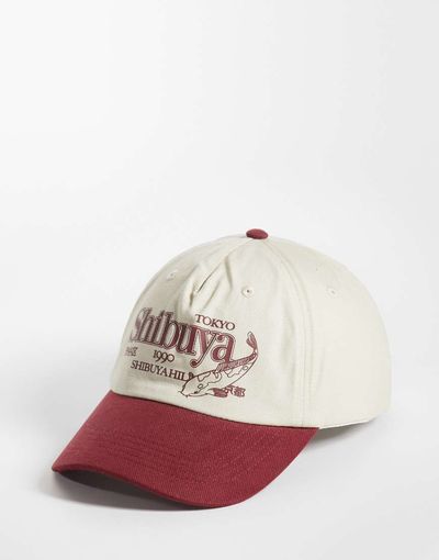 ASOS DESIGN ASOS DESIGN printed graphic contrast peak cap in washed burgundy-Red
