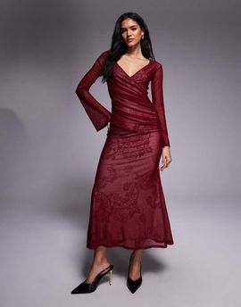 ASOS DESIGN ASOS DESIGN printed lace lined maxi dress with wrap over bardot neckline and long sleeve-Multi