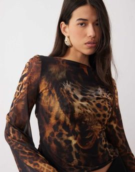 ASOS DESIGN ASOS DESIGN printed mesh angel sleeve top in tiger - part of a set-Multi