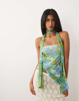 ASOS DESIGN ASOS DESIGN printed mesh bubble scarf top with knot in floral print-Multi