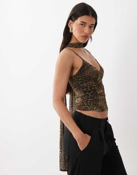 ASOS DESIGN ASOS DESIGN printed mesh cami top with scarf detail in leopard print-Multi